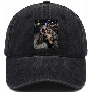 Bigfoot Drinking Iced Coffee Washed Cotton Baseball Cap Funny Sasquatch Streetwear TS14 Washed Cap Universal Fit Black Print Your Wear