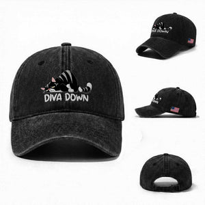 Diva Down Washed Cotton Baseball Cap Funny Sarcastic Cat Meme TS14 Washed Cap Universal Fit Black Print Your Wear
