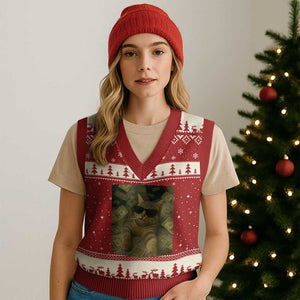 Funny Smoking Cat Selfie Meme V-Neck Knit Sweater Vest Gen Z Joke TS14 Red Beige Print Your Wear