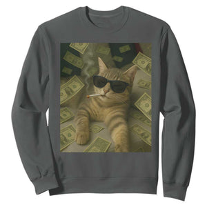 Funny Smoking Cat Selfie Meme Sweatshirt Gen Z Joke TS14 Dark Heather Print Your Wear