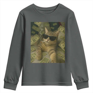 Funny Smoking Cat Selfie Meme Youth Sweatshirt Gen Z Joke TS14 Dark Heather Print Your Wear
