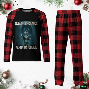 Funny Alpha Wolf Meme Plaid Pajama Set Human By Chance Alpha By Choice - Print Your Wear