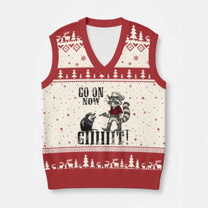 Funny Cowboy Raccoon Opossum V-Neck Knit Sweater Vest Go On Now Git TS14 Beige Red Print Your Wear