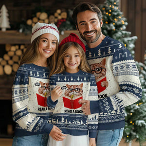 Funny Cat Reading Ugly Christmas Sweater Book Lover TS14 Beige Navy Print Your Wear