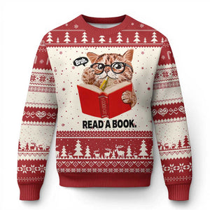 Funny Cat Reading Ugly Christmas Sweater Book Lover TS14 Beige Red Print Your Wear