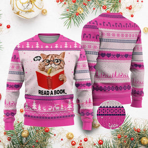 Funny Cat Reading Ugly Christmas Sweater Book Lover TS14 Hot Pink Print Your Wear
