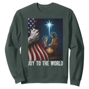 Jesus Christian Sweatshirt American Flag Joy To The World Christmas TS14 Dark Forest Green Print Your Wear