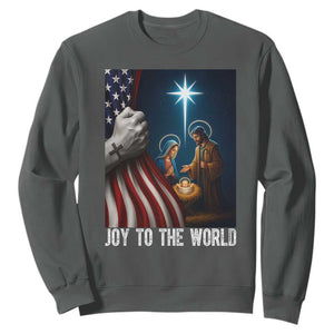 Jesus Christian Sweatshirt American Flag Joy To The World Christmas TS14 Dark Heather Print Your Wear