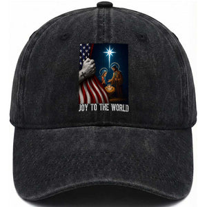 Jesus Christian Washed Cotton Baseball Cap American Flag Joy To The World Christmas TS14 Washed Cap Universal Fit Black Print Your Wear