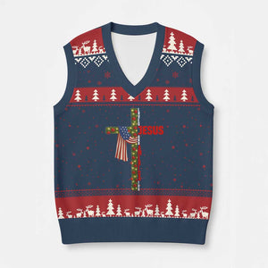Jesus Patriotic Xmas V-Neck Knit Sweater Vest Loves Jesus And America Too TS14 Navy Red Print Your Wear