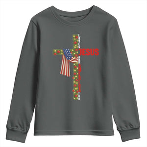 Jesus Patriotic Christmas Youth Sweatshirt Loves Jesus And America Too TS14 Dark Heather Print Your Wear