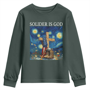 Army Christian Youth Sweatshirt Soldier Cross Starry Night Faith Patriotic Jesus TS14 Dark Forest Green Print Your Wear