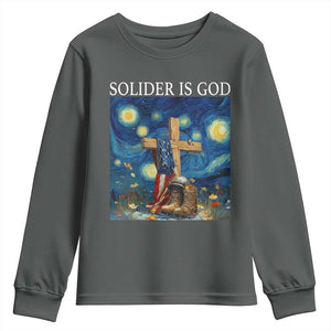 Army Christian Youth Sweatshirt Soldier Cross Starry Night Faith Patriotic Jesus TS14 Dark Heather Print Your Wear