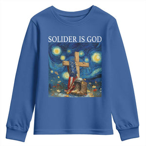 Army Christian Youth Sweatshirt Soldier Cross Starry Night Faith Patriotic Jesus TS14 Royal Blue Print Your Wear