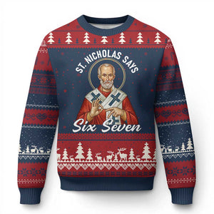 Funny Six Seven Meme Ugly Christmas Sweater Saint Nicholas Says 67 Gen Alpha Slang TS14 Navy Red Print Your Wear