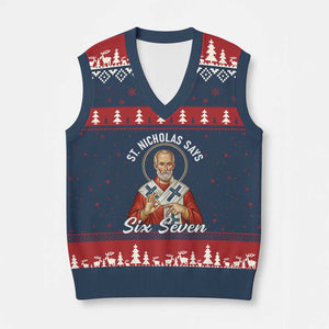 Funny Six Seven Meme V-Neck Knit Sweater Vest Saint Nicholas Says 67 Gen Alpha Slang TS14 Navy Red Print Your Wear