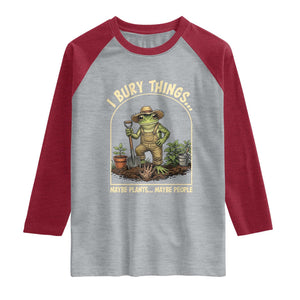 I Bury Things Maybe Plants Maybe People Raglan Shirt Funny Gardening Frog Meme TS14 Heather Gray Heather Red Print Your Wear