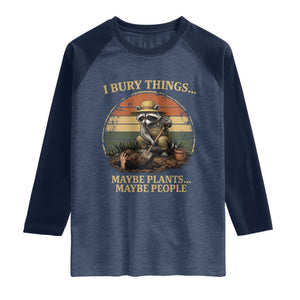 I Bury Things Maybe Plants Maybe People Raglan Shirt Funny Gardening Raccoon Meme TS14 Heather Denim Navy Print Your Wear