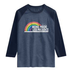 More Pride Less Prejudice Raglan Shirt Pride Month LGBTQ TS14 Heather Denim Navy Print Your Wear