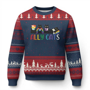 Rainbow Pride Ally Cats Ugly Christmas Sweater LGBTQ Inclusion Cat Lover Gift TS14 Navy Red Print Your Wear