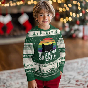 Rainbow Black Cat LGBT Pride Ugly Christmas Sweater Judging You Silently