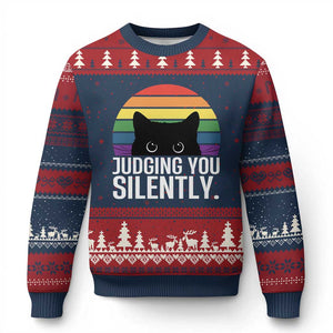 Rainbow Black Cat LGBT Pride Ugly Christmas Sweater Judging You Silently