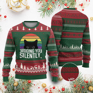 Rainbow Black Cat LGBT Pride Ugly Christmas Sweater Judging You Silently
