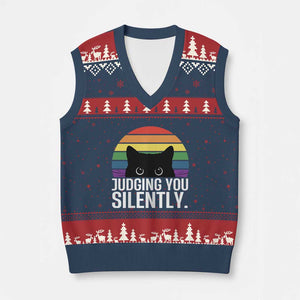 Rainbow Black Cat LGBT Pride V-Neck Knit Sweater Vest Judging You Silently TS14 Navy Red Print Your Wear