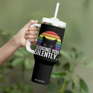 Rainbow Black Cat LGBT Pride Tumbler With Handle Judging You Silently