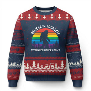 Retro Rainbow Bigfoot Ugly Christmas Sweater Believe In Yourself Even When Others Don't TS14 Navy Red Print Your Wear