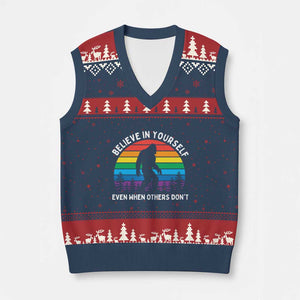 Retro Rainbow Bigfoot V-Neck Knit Sweater Vest Believe In Yourself Even When Others Don't TS14 Navy Red Print Your Wear