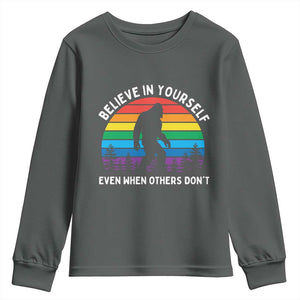 Retro Rainbow Bigfoot Youth Sweatshirt Believe In Yourself Even When Others Don't