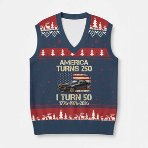 America Turns 250 I Turn 50 1976 50th Birthday V-Neck Knit Sweater Vest Retro 70s Muscle Car Lover