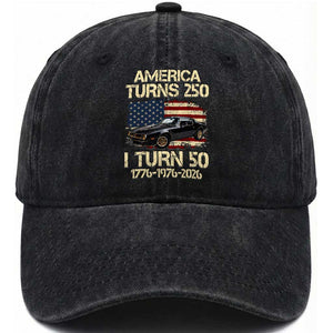America Turns 250 I Turn 50 1976 50th Birthday Washed Cotton Baseball Cap Retro 70s Muscle Car Lover