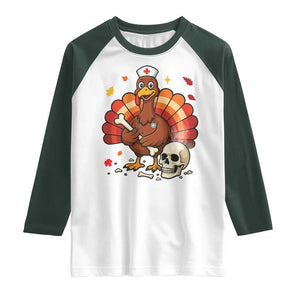 Funny Thanksgiving Nurse Turkey Raglan Shirt Fall RN TS14 White Dark Forest Green Print Your Wear