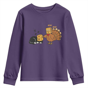 Funny Thanksgiving Youth Sweatshirt Turkey Fake Cat Meow TS14 Purple Print Your Wear
