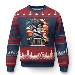 Patriotic Trucker Skeleton American Flag Ugly Christmas Sweater TS14 Navy Red Print Your Wear
