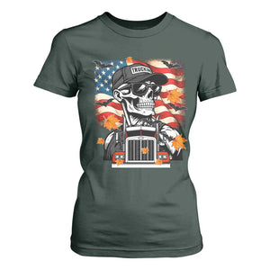 Patriotic Trucker Skeleton American Flag T Shirt For Women TS14 Dark Forest Green Print Your Wear