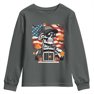Patriotic Trucker Skeleton American Flag Youth Sweatshirt TS14 Dark Heather Print Your Wear