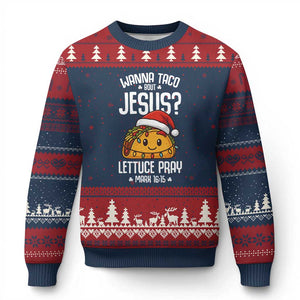 Funny Taco Xmas Ugly Christmas Sweater Wanna Taco Bout Jesus Lettuce Pray Mark 16:15 TS14 Navy Red Print Your Wear