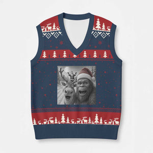 Funny Bigfoot Selfie Xmas V-Neck Knit Sweater Vest Santa Reindeer Sasquatch Xmas TS14 Navy Red Print Your Wear