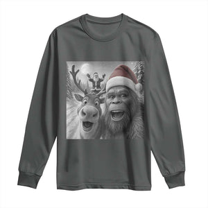 Funny Bigfoot Selfie Christmas Long Sleeve Shirt Santa Reindeer Sasquatch Xmas TS14 Dark Heather Print Your Wear
