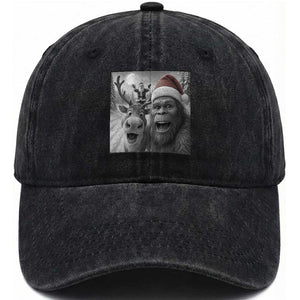 Funny Bigfoot Selfie Christmas Washed Cotton Baseball Cap Santa Reindeer Sasquatch Xmas TS14 Washed Cap Universal Fit Black Print Your Wear