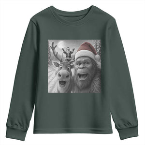 Funny Bigfoot Selfie Christmas Youth Sweatshirt Santa Reindeer Sasquatch Xmas TS14 Dark Forest Green Print Your Wear