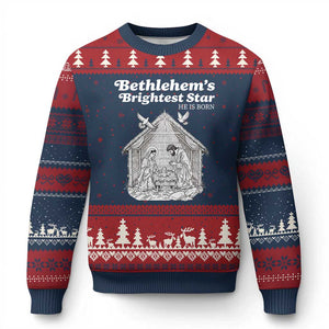 Nativity Scene Ugly Christmas Sweater Brightest Star of Bethlehem He Is Born Christian Xmas TS14 Navy Red Print Your Wear