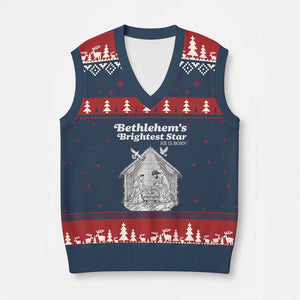 Nativity Scene V-Neck Knit Sweater Vest Brightest Star of Bethlehem He Is Born Christian Xmas TS14 Navy Red Print Your Wear