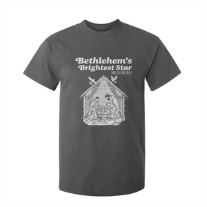 Nativity Scene T Shirt For Kid Brightest Star of Bethlehem He Is Born Christian Christmas TS14 Dark Heather Print Your Wear