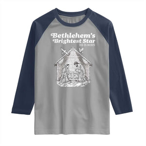 Nativity Scene Raglan Shirt Brightest Star of Bethlehem He Is Born Christian Christmas TS14 Sport Gray Navy Print Your Wear