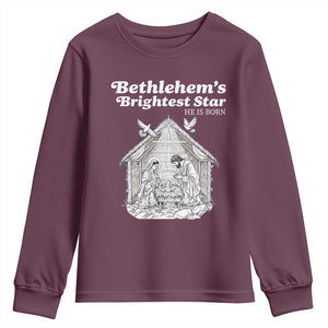 Nativity Scene Youth Sweatshirt Brightest Star of Bethlehem He Is Born Christian Christmas TS14 Maroon Print Your Wear