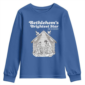 Nativity Scene Youth Sweatshirt Brightest Star of Bethlehem He Is Born Christian Christmas TS14 Royal Blue Print Your Wear
